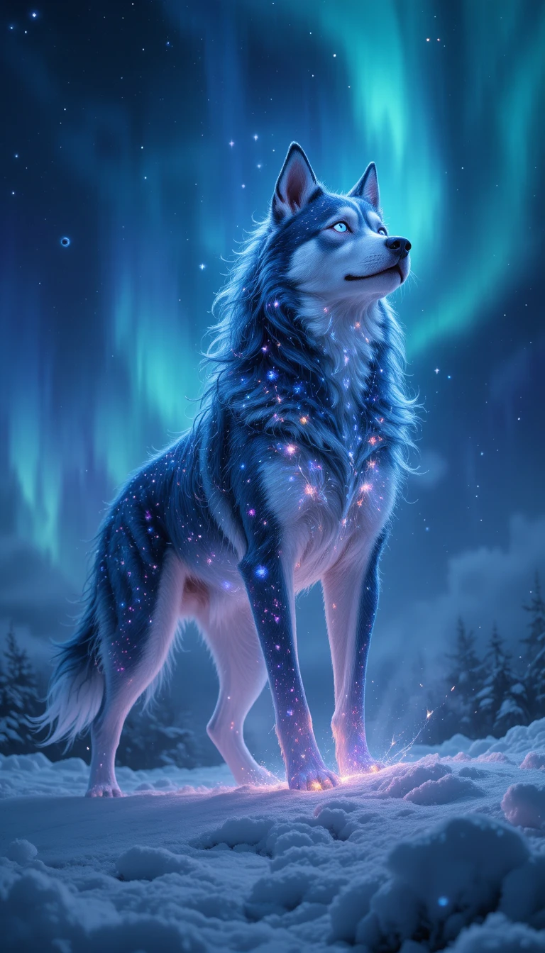 Celestial husky spirit floating above a snowy fantasy landscape