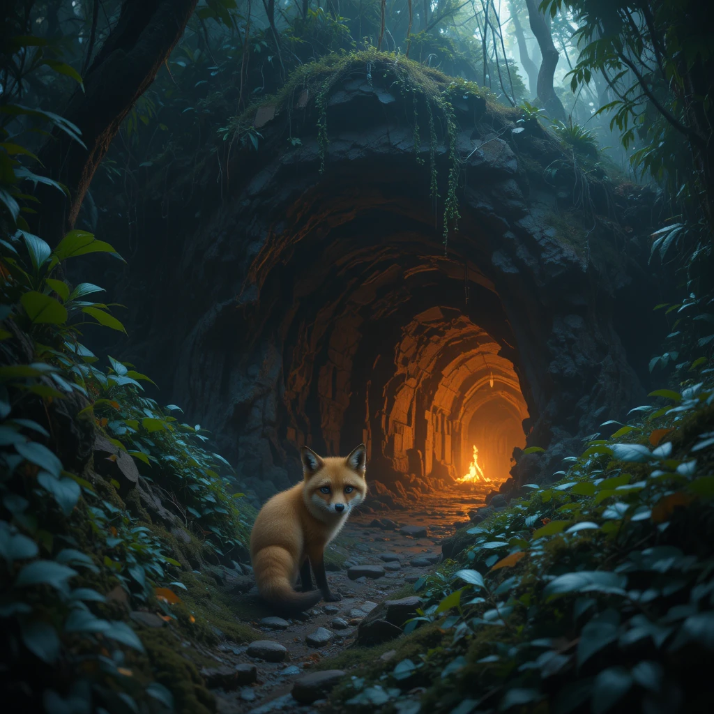 Frightened Fox Near Glowing Cave In Dense Jungle
