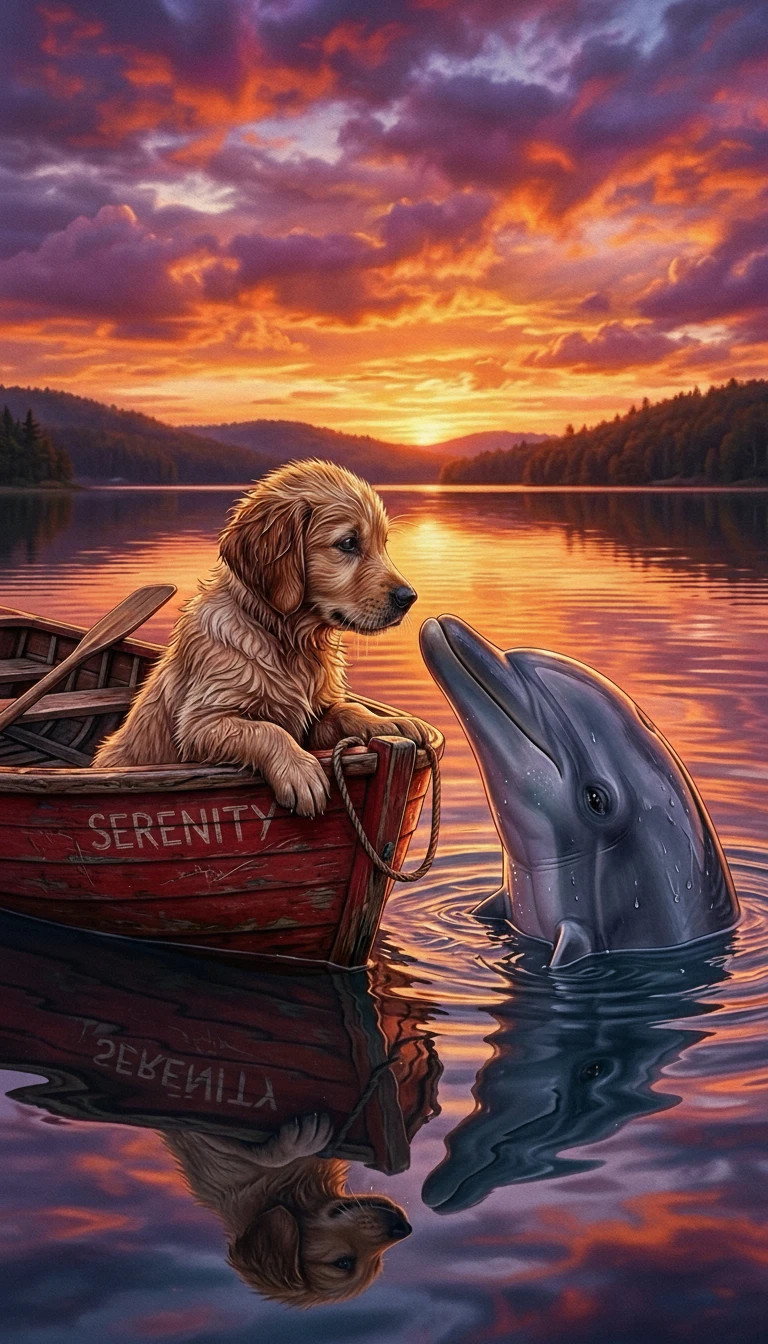 Cucciolo di golden retriever in barca incontra un delfino curioso