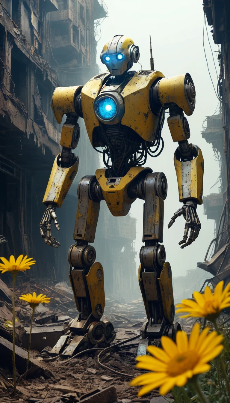 Melancholic robot and fragile flower in ruined cityscape