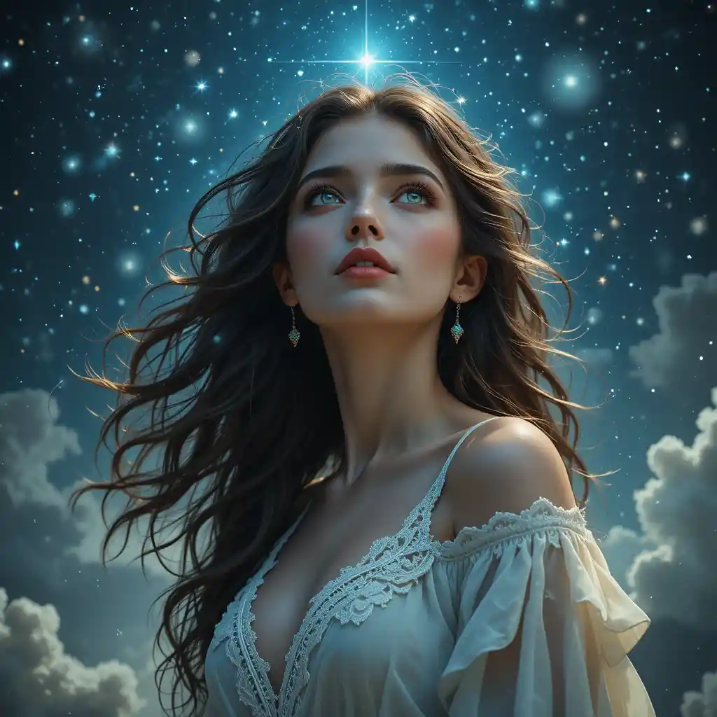 Mulher em vestido boho olhando para o céu estrelado