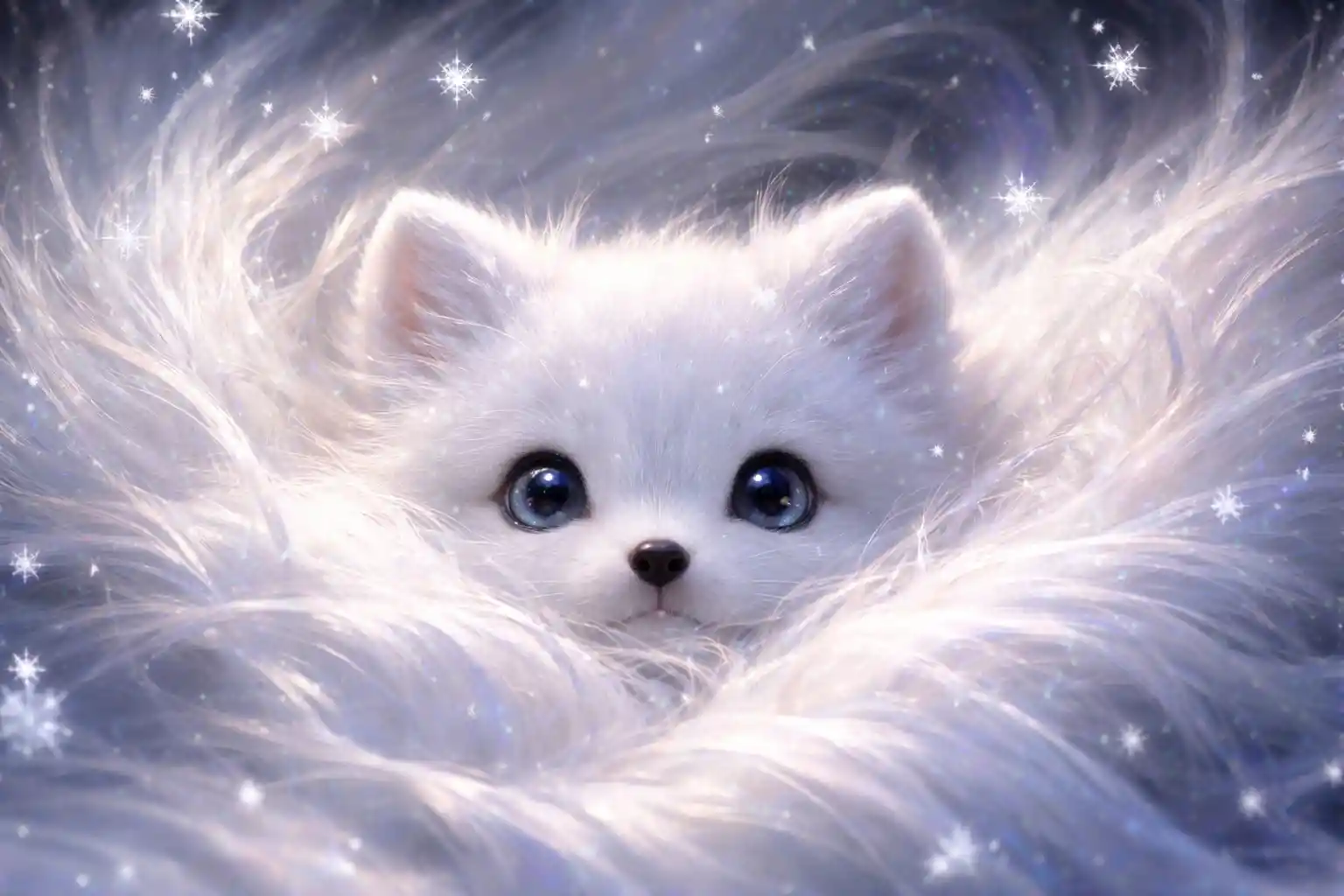 Fluffy Arctic Fox Kit Nestled In Windswept Fur And Snow