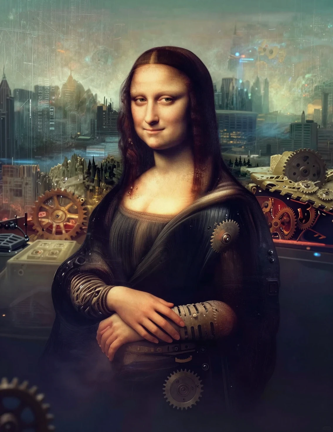 Mona Lisa Reimagined In A Futuristic Cyberpunk Cityscape