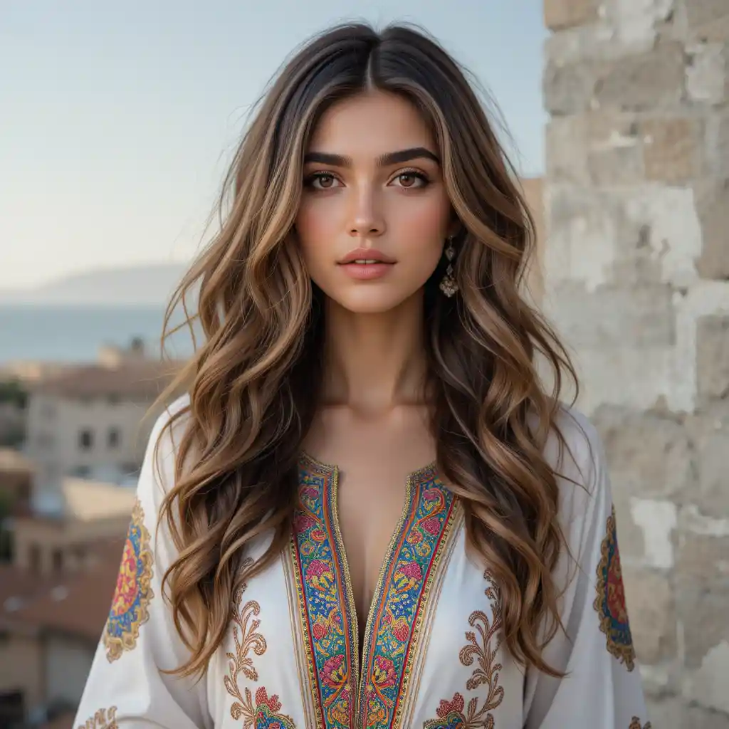Mujer de Oriente Medio con vestido tradicional y cabello ondulado con mechas