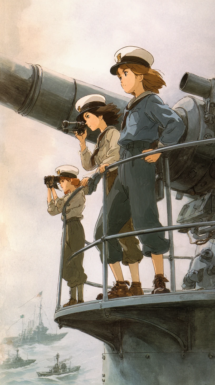 Anime naval girls operating a massive deck cannon