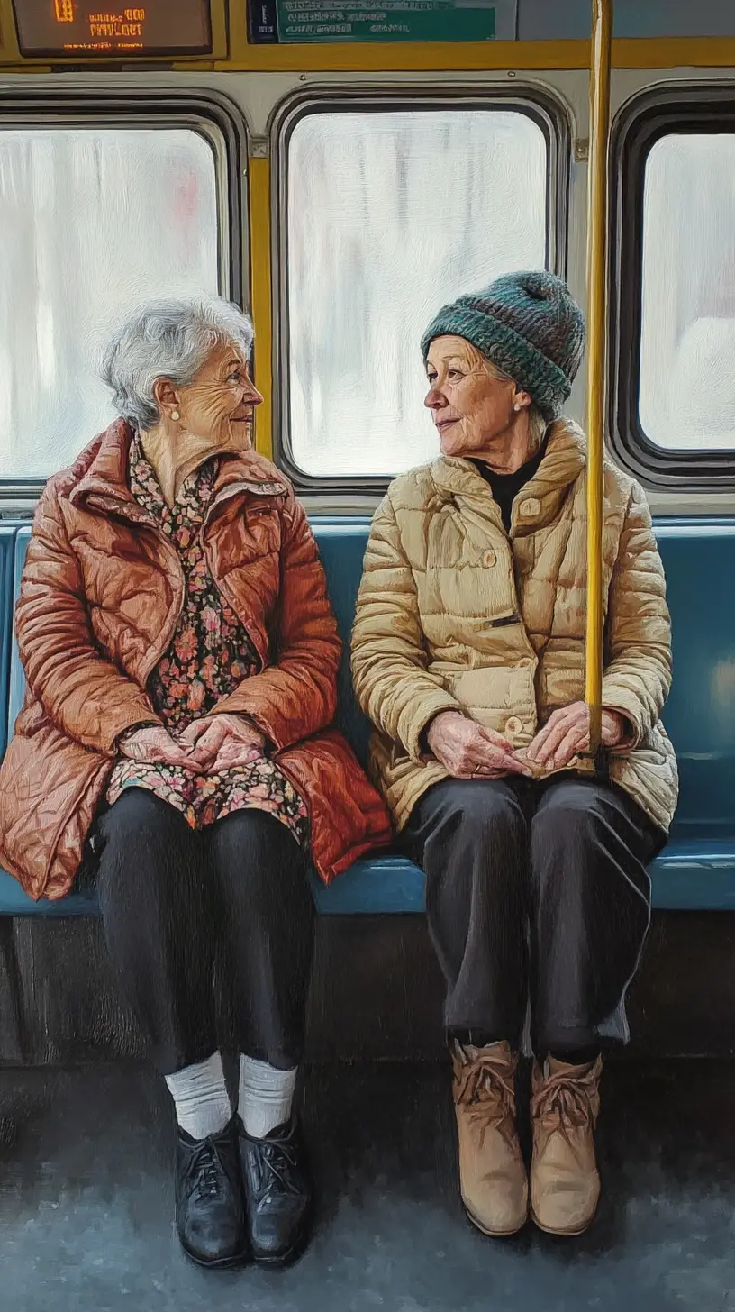 Two elderly women talking on a public transport bench