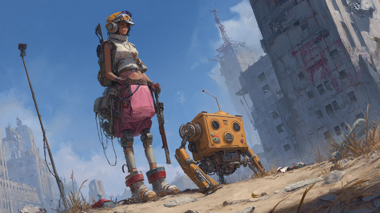 Armed scavenger woman and droid in a ruined wasteland