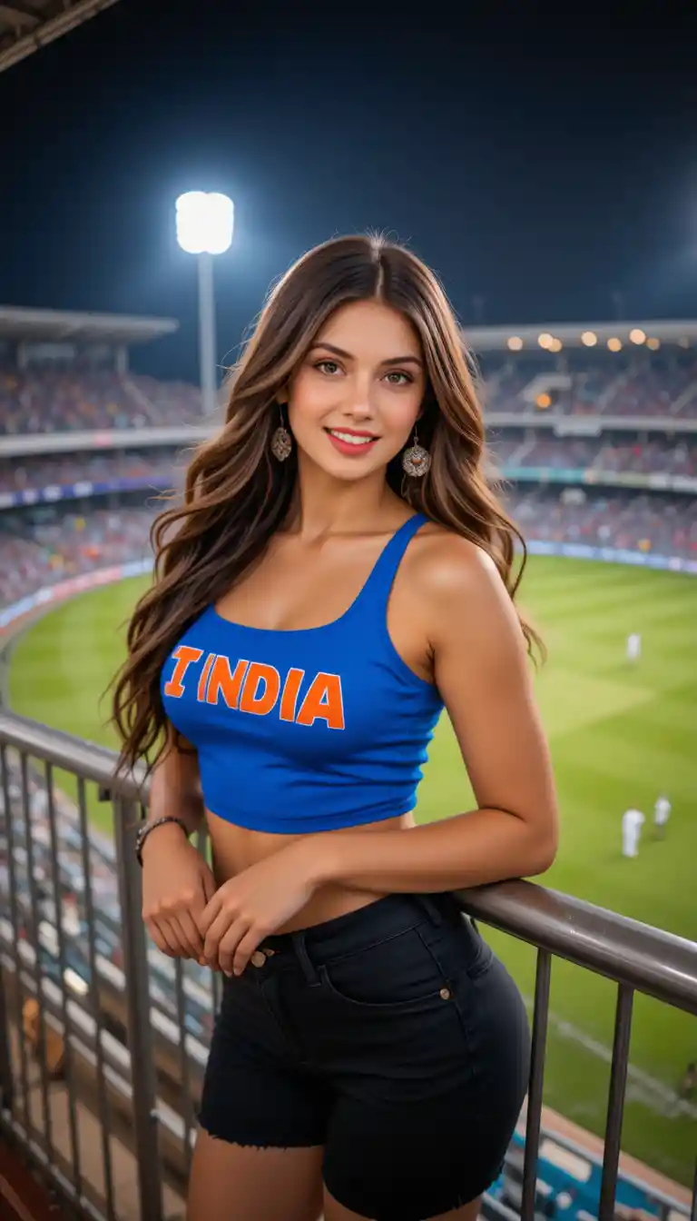 파란 크롭탑을 입은 발랄한 젊은 여성의 크리켓 경기 관람