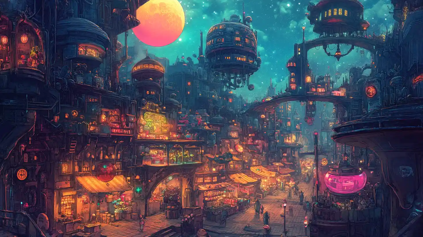 Chaotic alien marketplace under a glowing twin sun sky