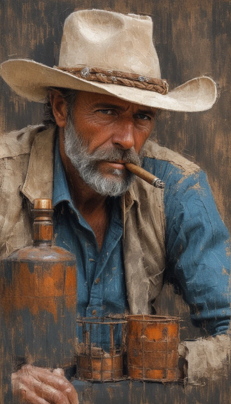Retrato de vaquero barbudo melancólico fumando un puro