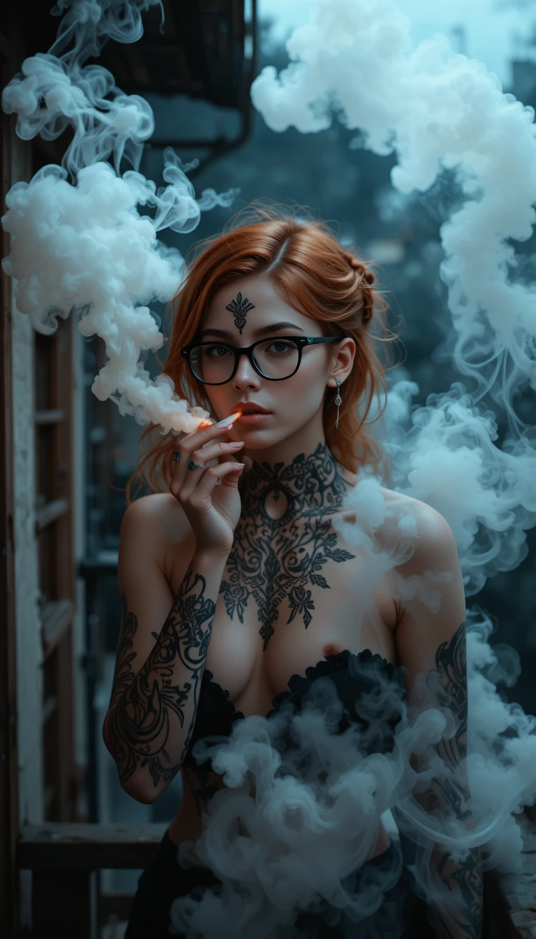 Giovane ragazza dai capelli rossi che fuma su un balcone urbano