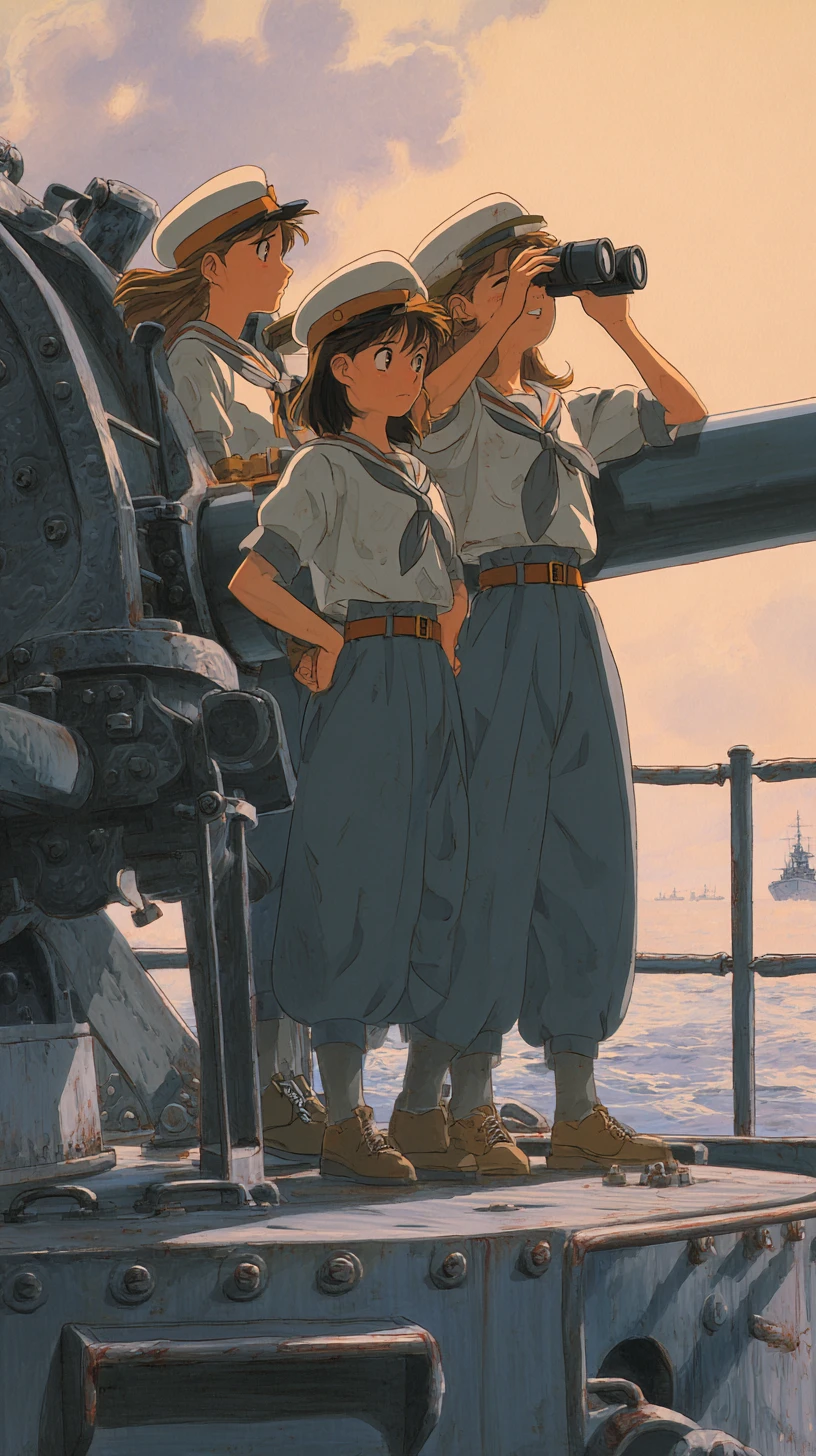 Chicas de anime operando un enorme cañón naval en alta mar