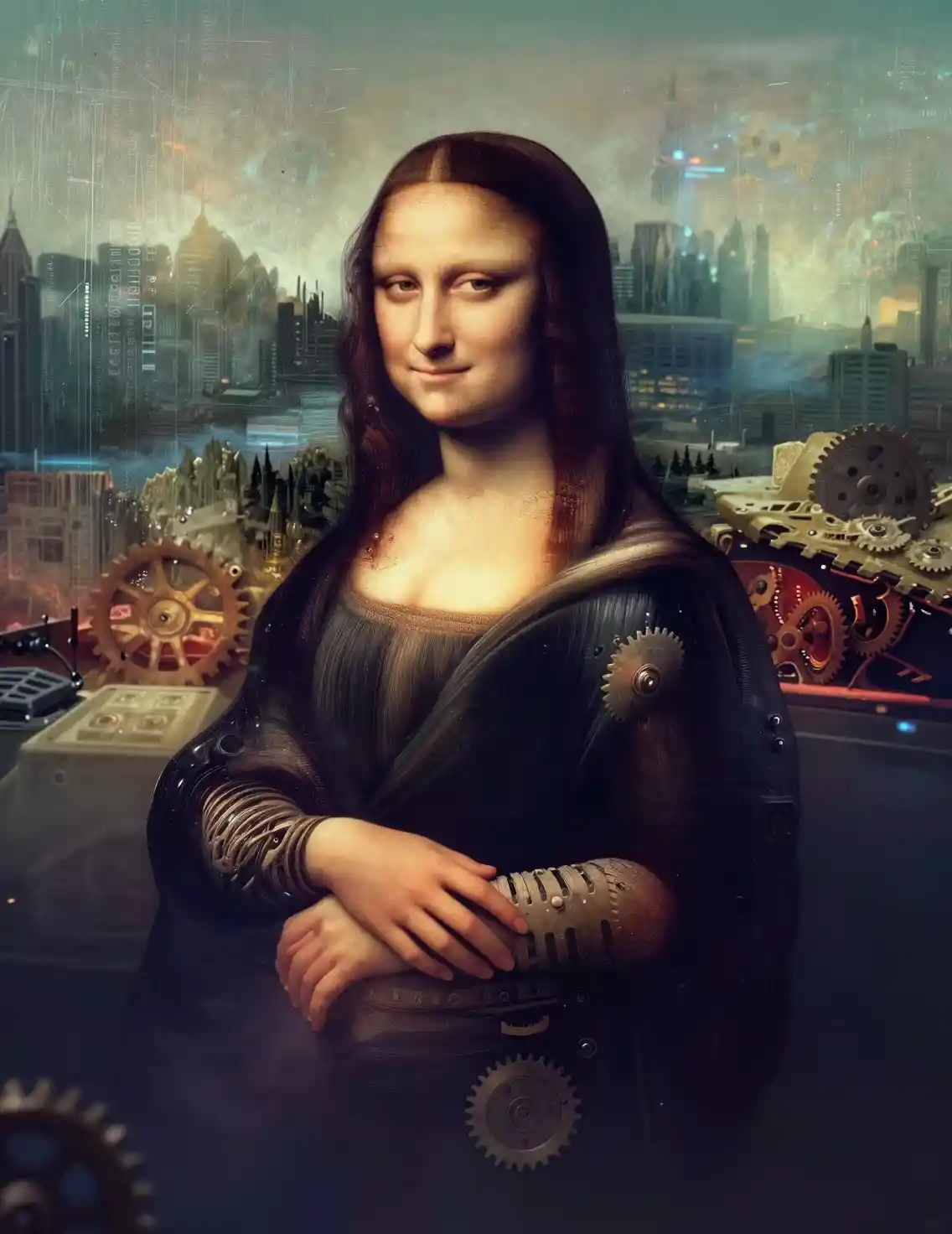 Mona Lisa Reimagined In A Futuristic Cyberpunk Cityscape