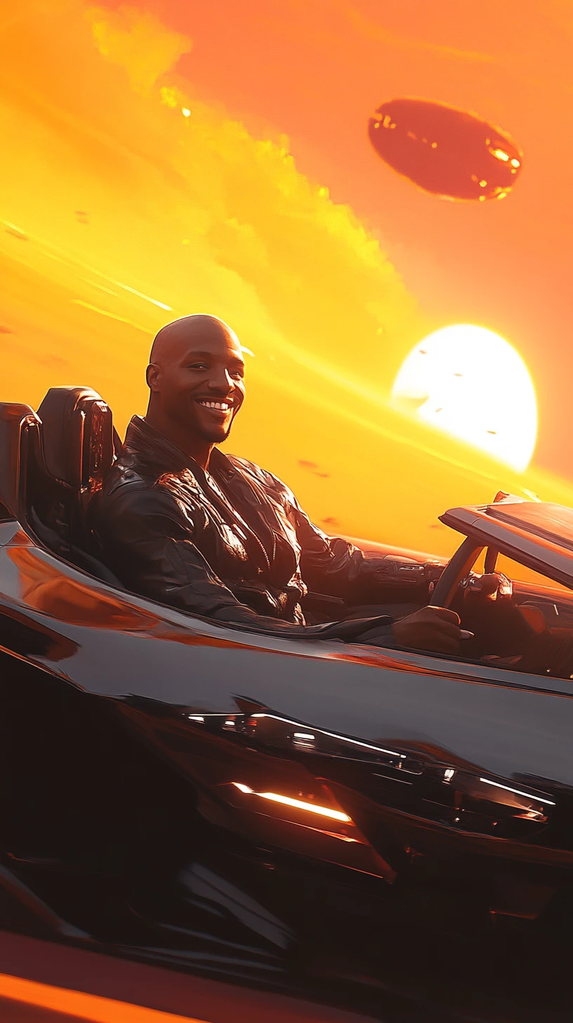 Smiling bald man driving a futuristic car at sunset