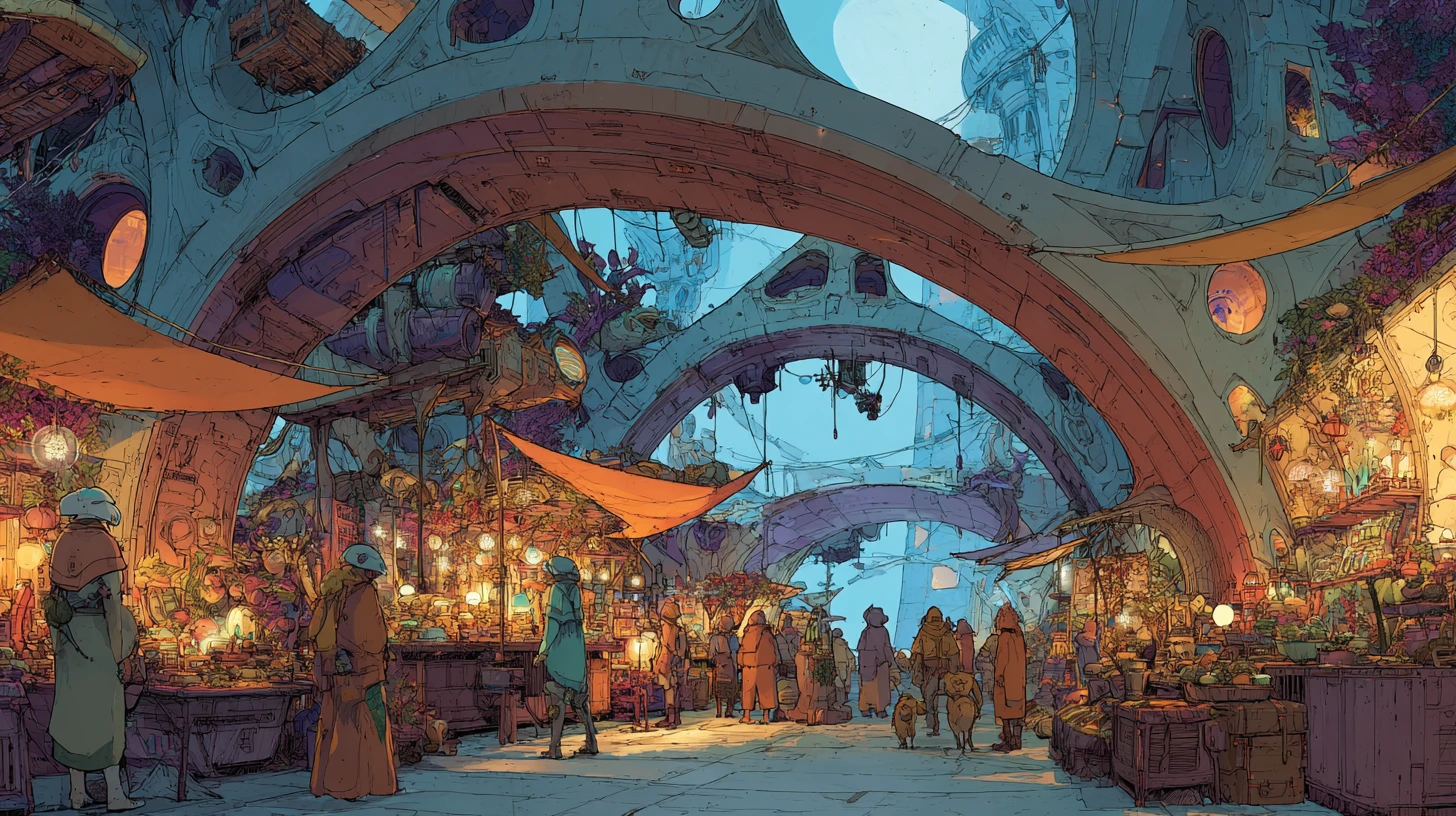 Chaotic alien marketplace under a glowing twin sun sky