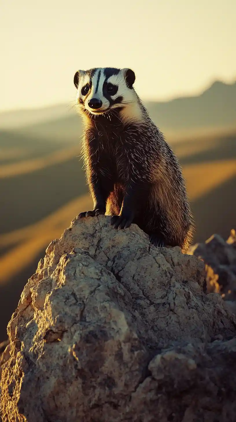Honey badger on rocky outcrop at golden savannah sunset