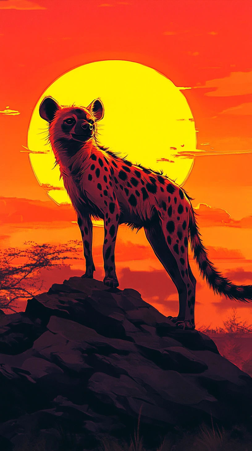 Spotted hyena on rocky outcrop in warm sunset savannah