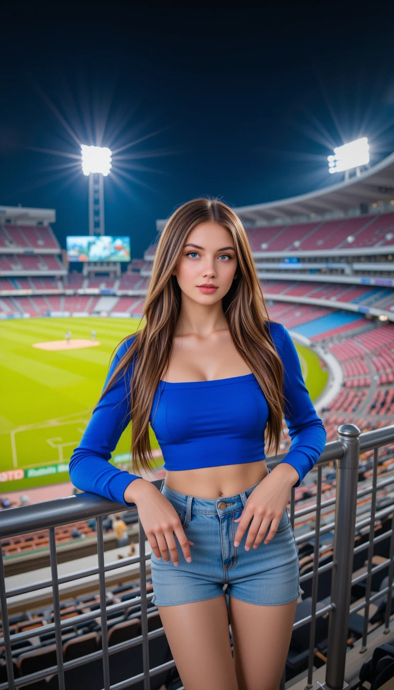 Smiling young woman in blue top at night stadium