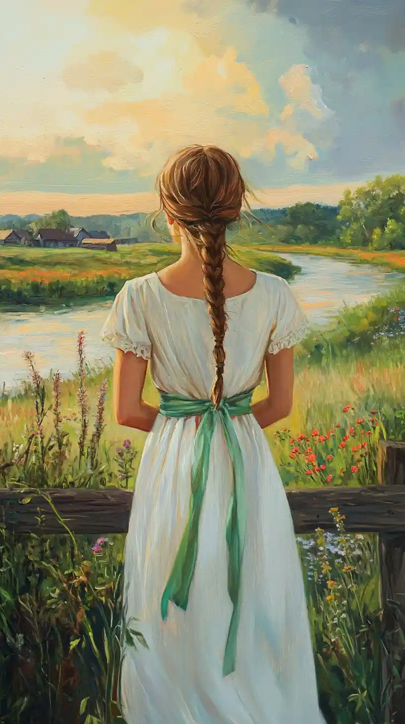 Young woman in white dress by a quiet country river