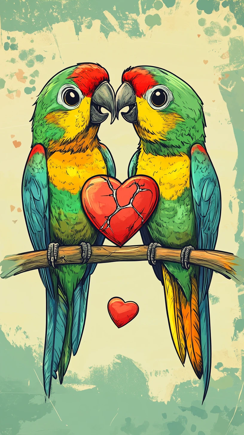 Dolci Pappagalli Cartoon con Ironica Storia d’Amore dal Cuore Spezzato
