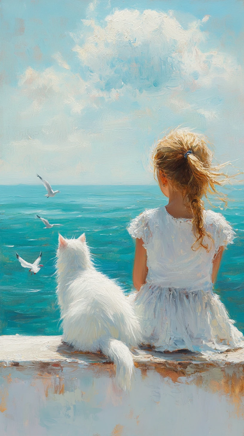 Girl And White Cat Sitting Together By The Sea