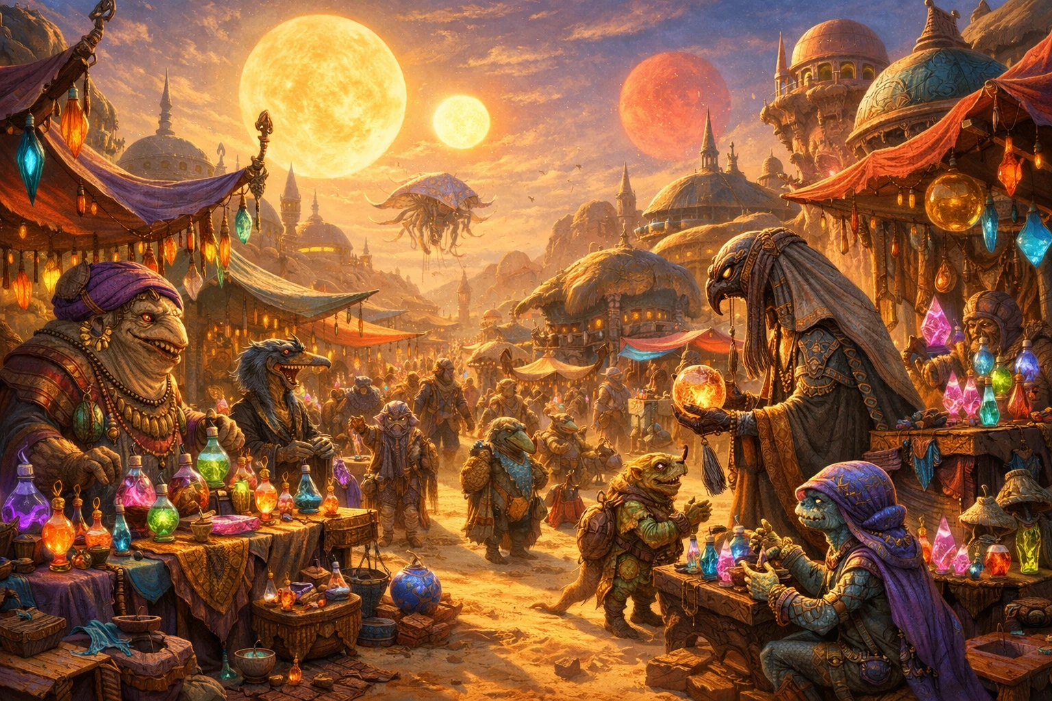 Bazar alienígena bajo soles gemelos en una vibrante ciudad del desierto