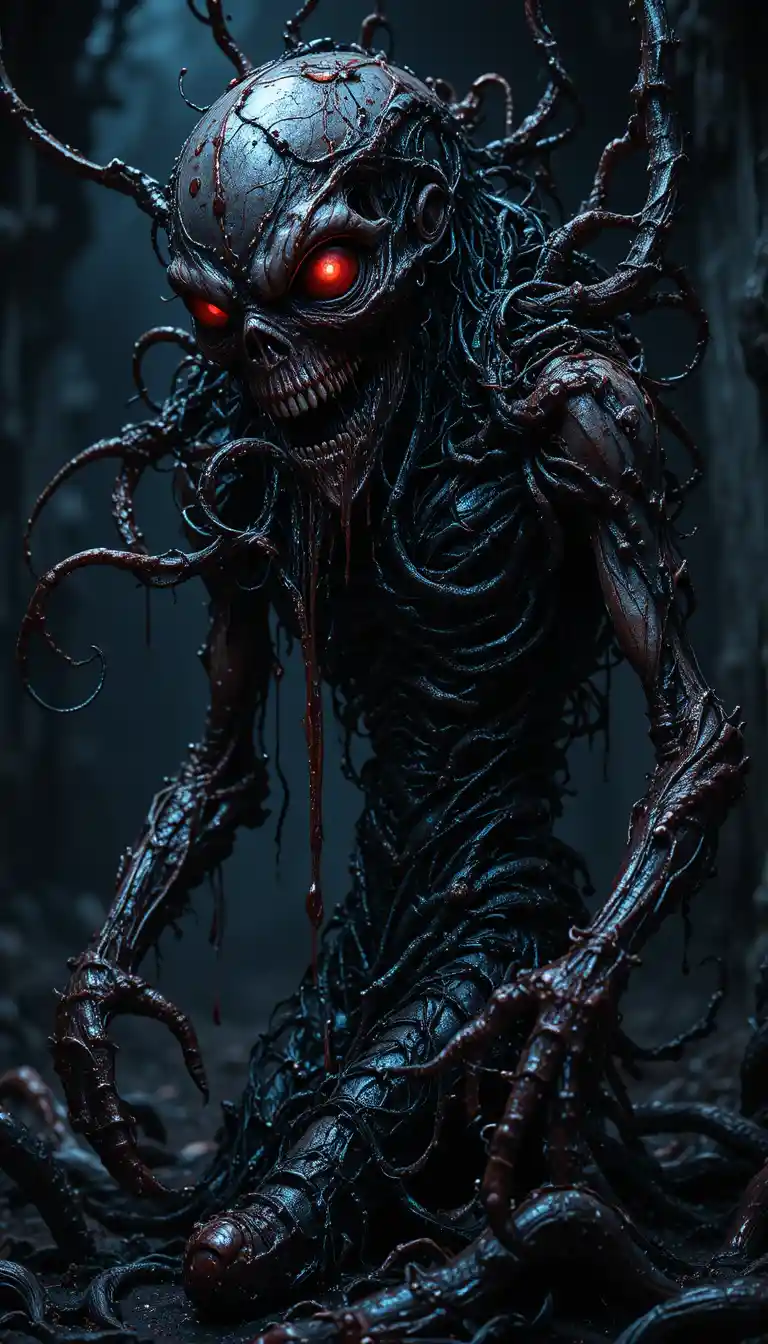 Grotesque otherworldly monster rising with blazing red eyes