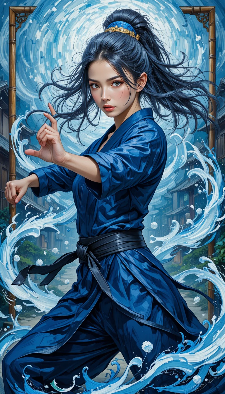 Anime-Kunoichi mit wirbelndem Chakra im Ölgemälde-Stil