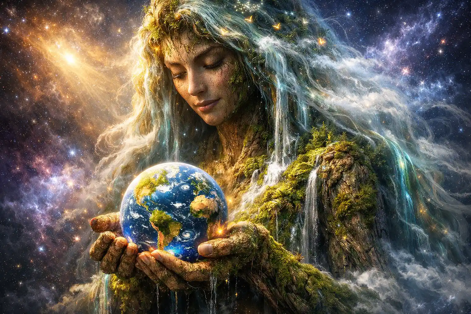 Donna Madre Terra Surreale che Tiene un Pianeta Miniatura Luminoso