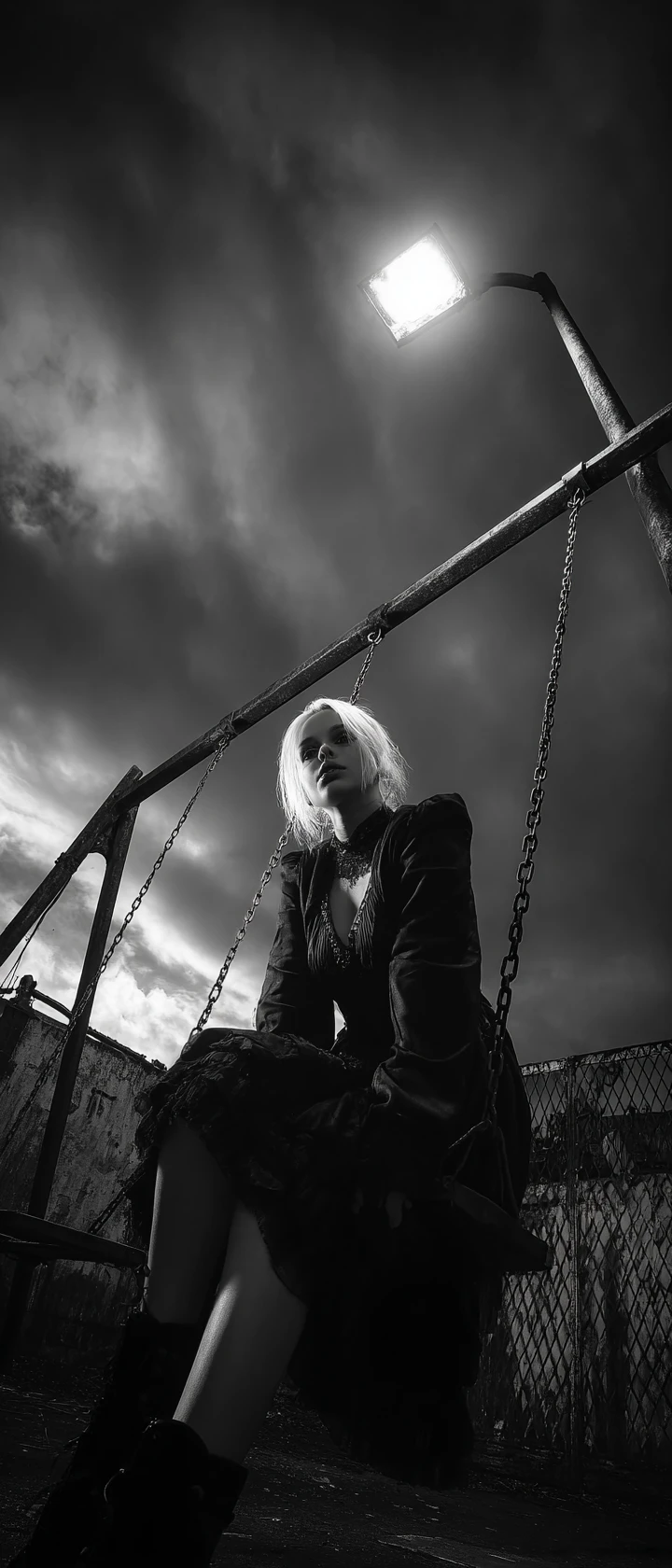 Gothic woman on a swing in a decayed urban playground