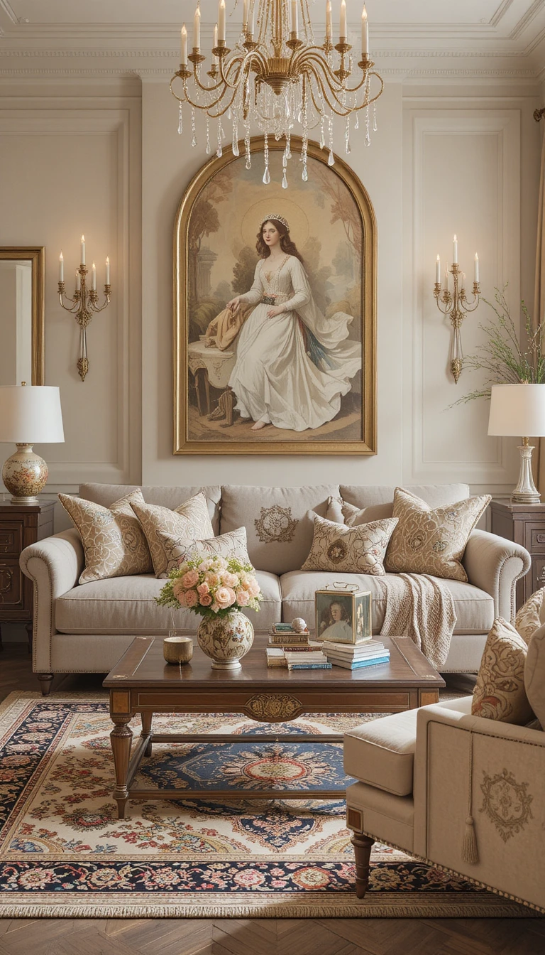 Bohemian style living room with creamy beige accessories
