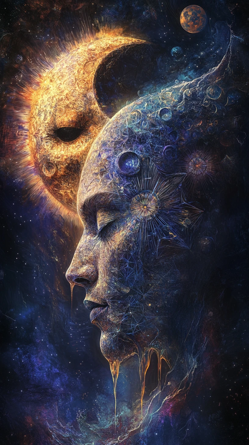 Surreales himmlisches Wesen aus verschmelzender Sonne und Mond
