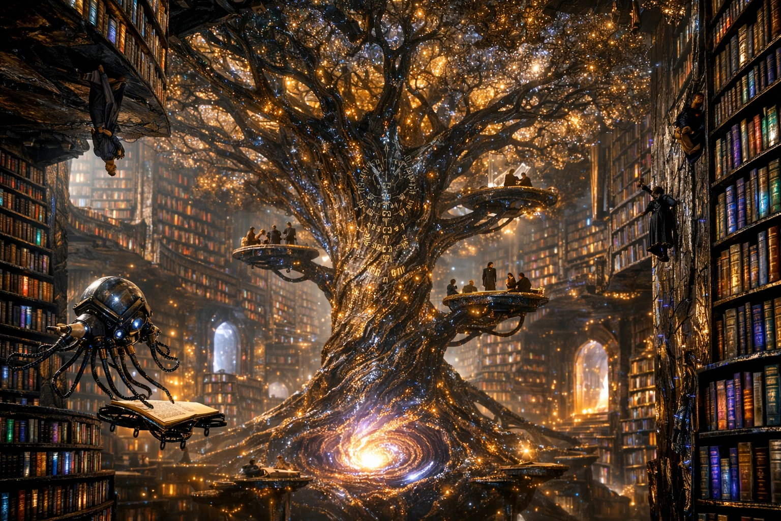 Vista cinematográfica de una biblioteca infinita de obsidiana con estanterías doradas