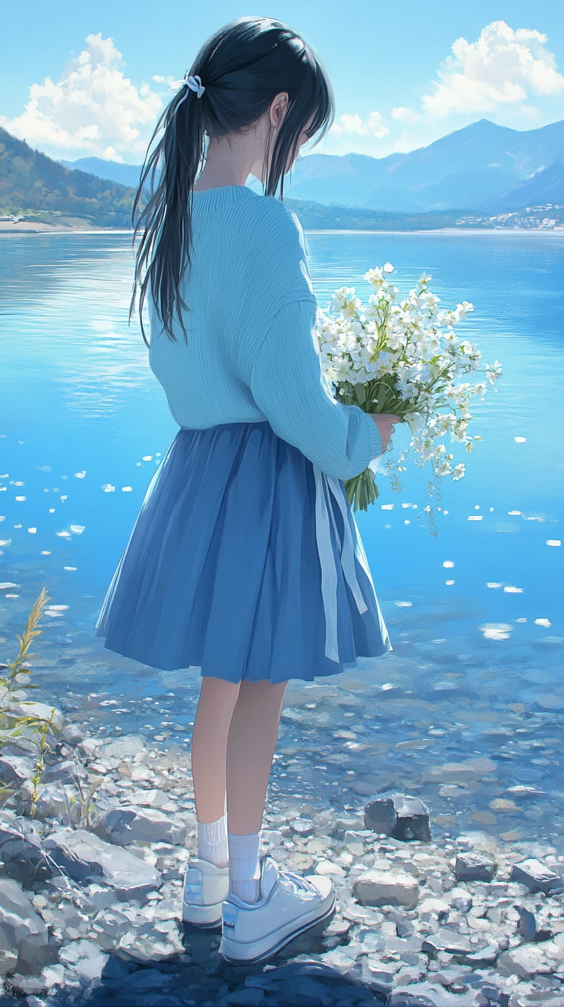 Anime-Mädchen an einem ruhigen blauen Bergsee