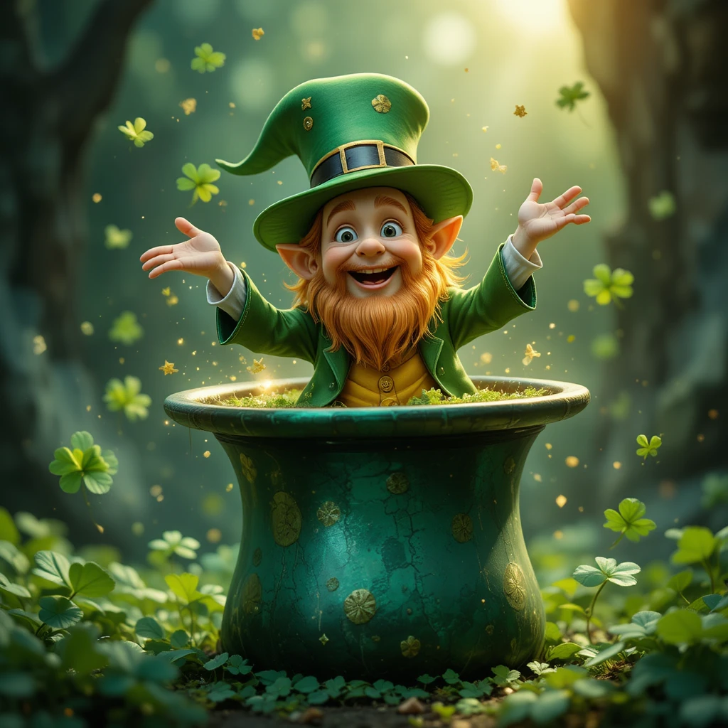 Duende alegre saliendo de un gran sombrero verde con tréboles