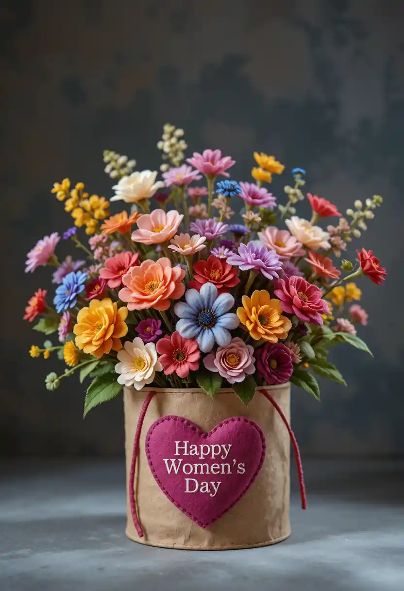 Felt flower bouquet in gift bag for womens day