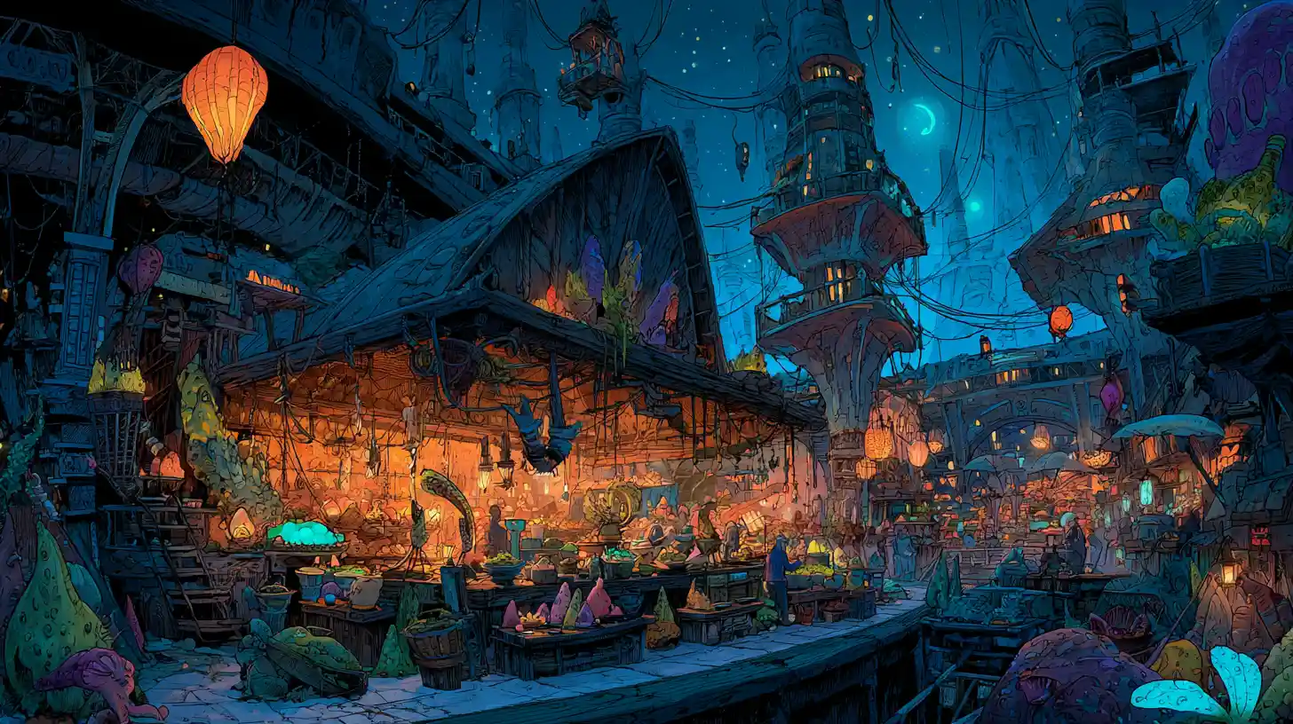 Chaotic alien marketplace under a glowing twin sun sky