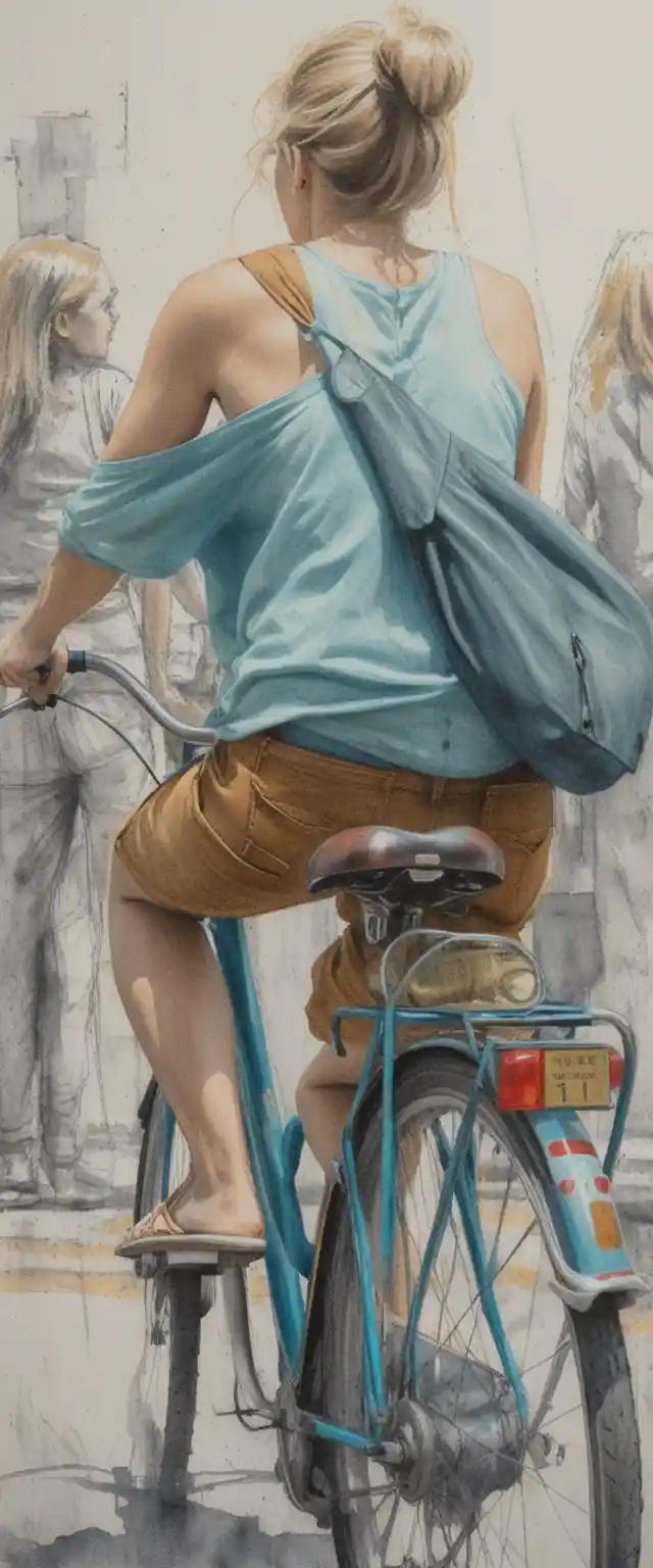 Blonde woman cycling in an urban street full body rear view