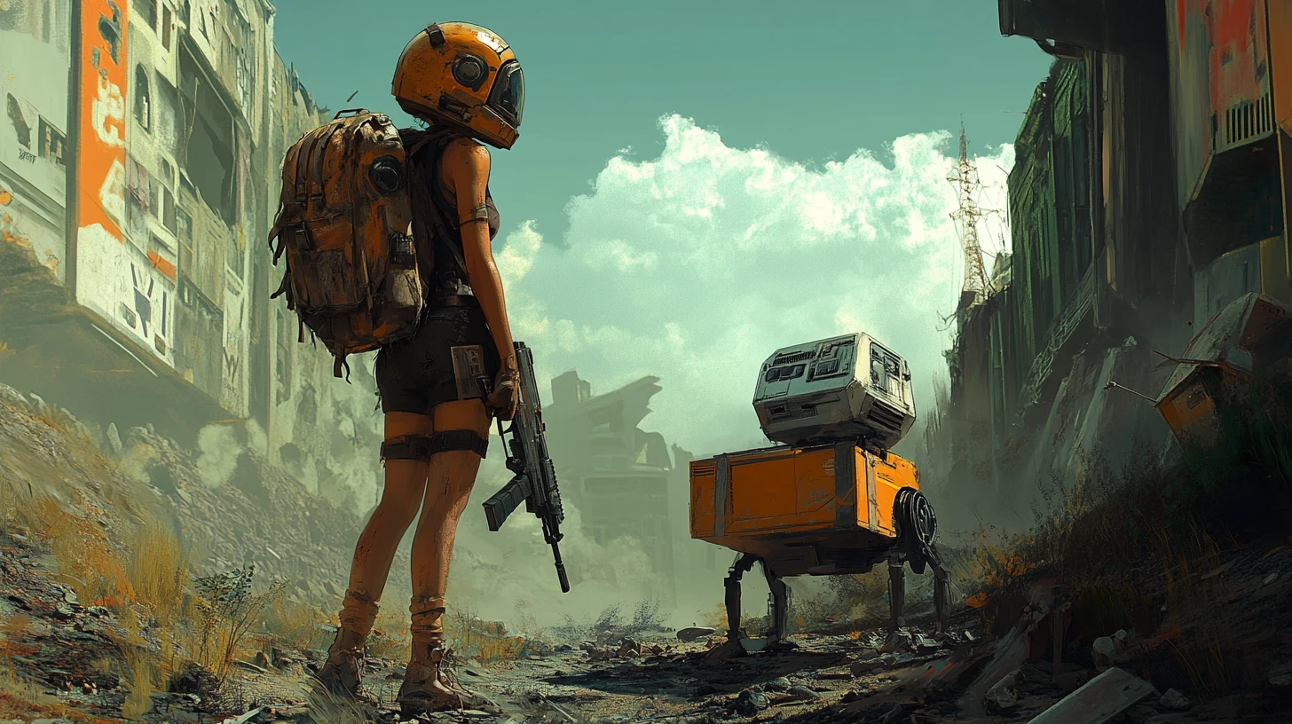 Post apocalyptic woman with rifle and droid scavenging ruins