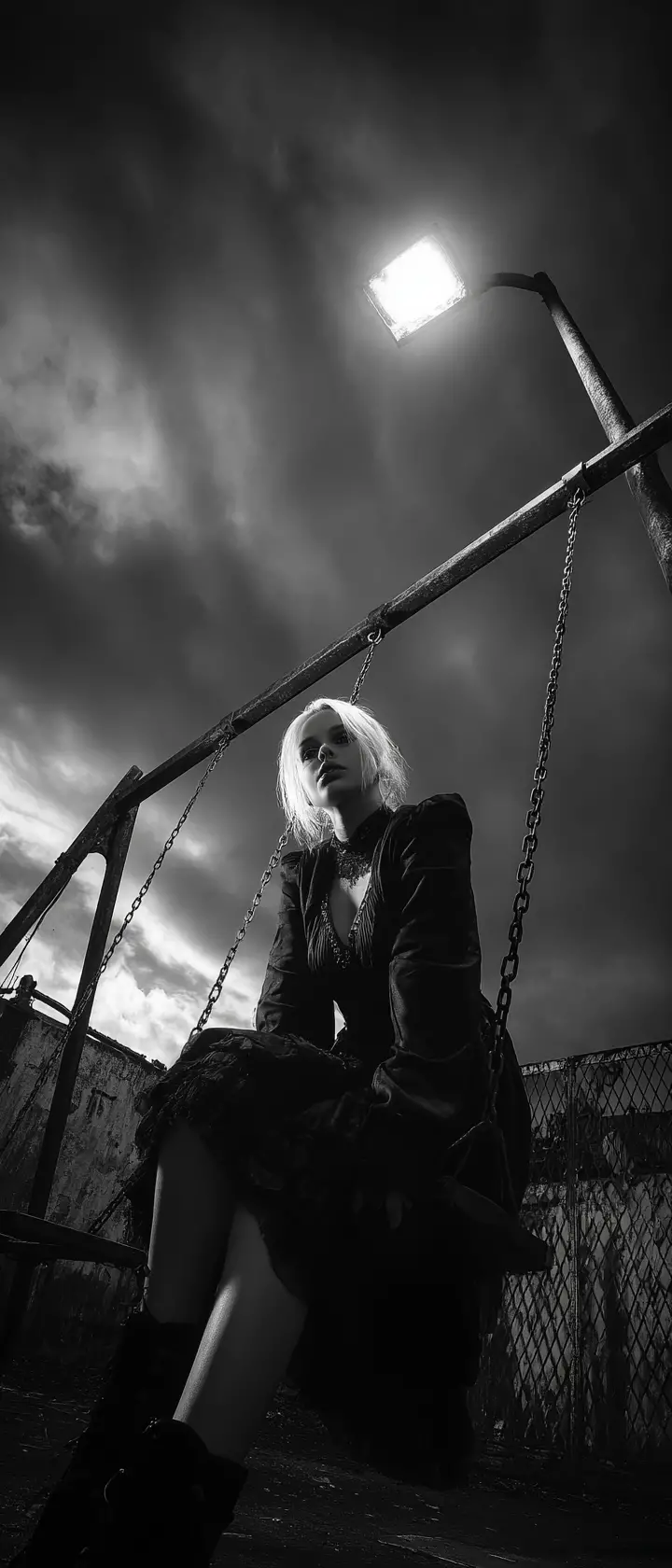 Gothic-Frau auf einer Schaukel in einem verfallenen städtischen Spielplatz