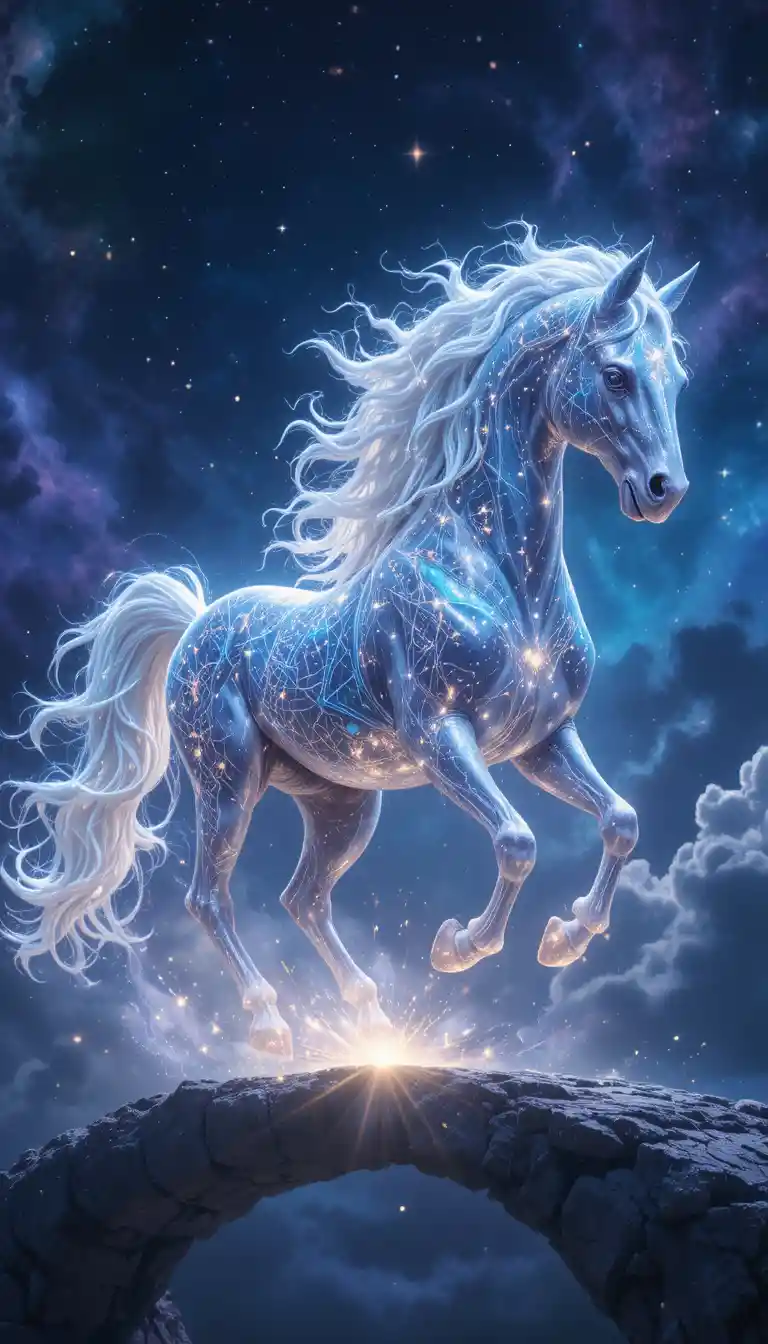 Caballo Celestial de Polvo de Estrellas Galopando sobre un Puente Celeste Luminoso