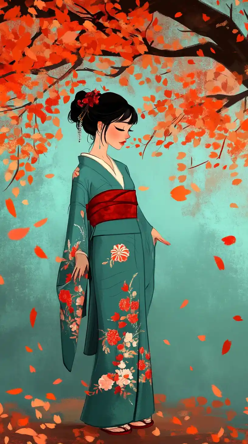 Japanese woman in teal kimono under autumn tree