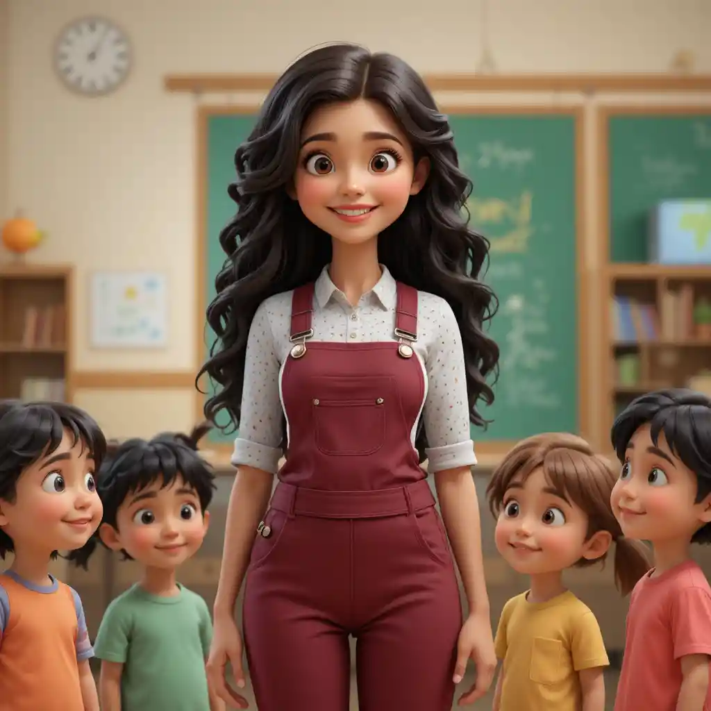 3D-Cartoon-Lehrerin steht mit jungen Kindergartenkindern