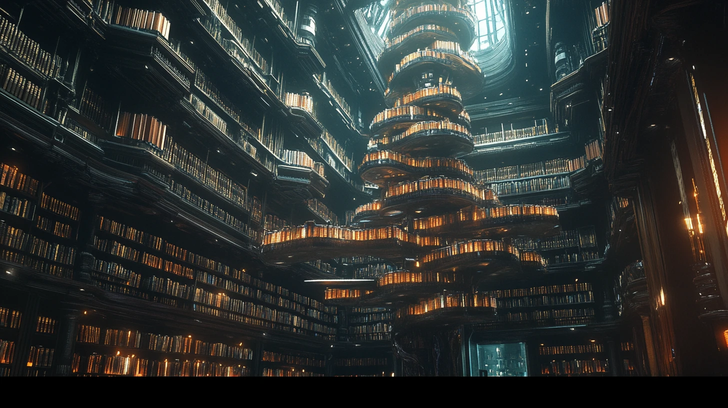 果てしなく続く黒曜石の図書館と揺らめく本のシネマティックビュー
