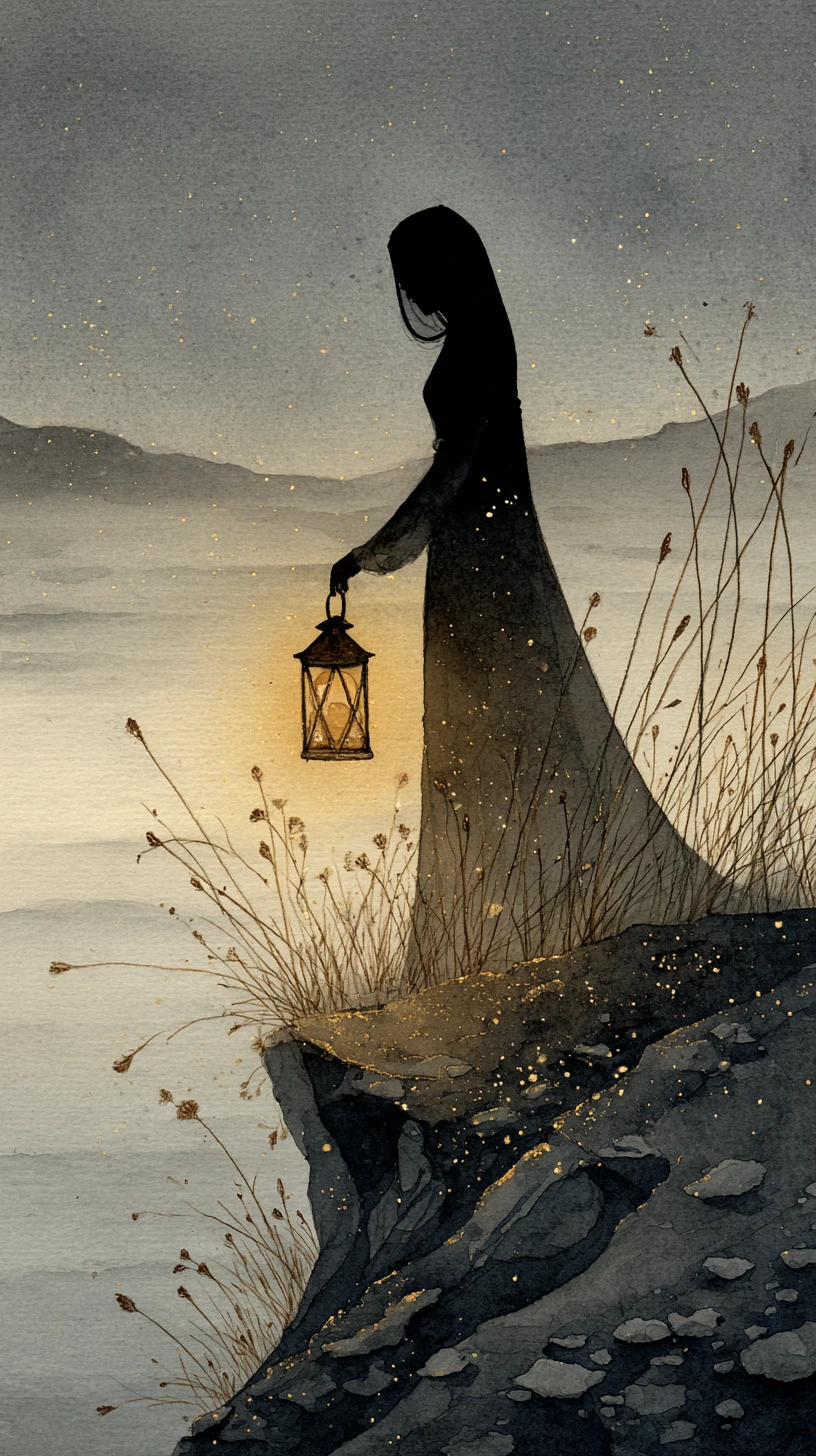 Woman With Lantern On Dusk Cliff In Watercolor Ink Scene