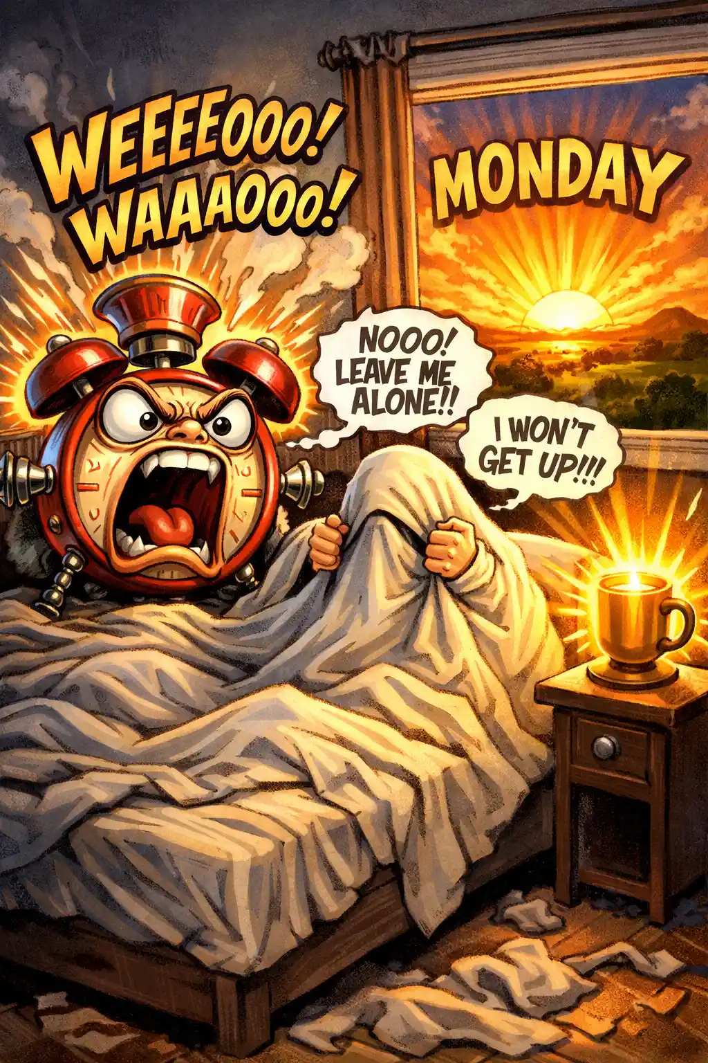 Screaming Alarm Clock And Blanket Monster In Bed