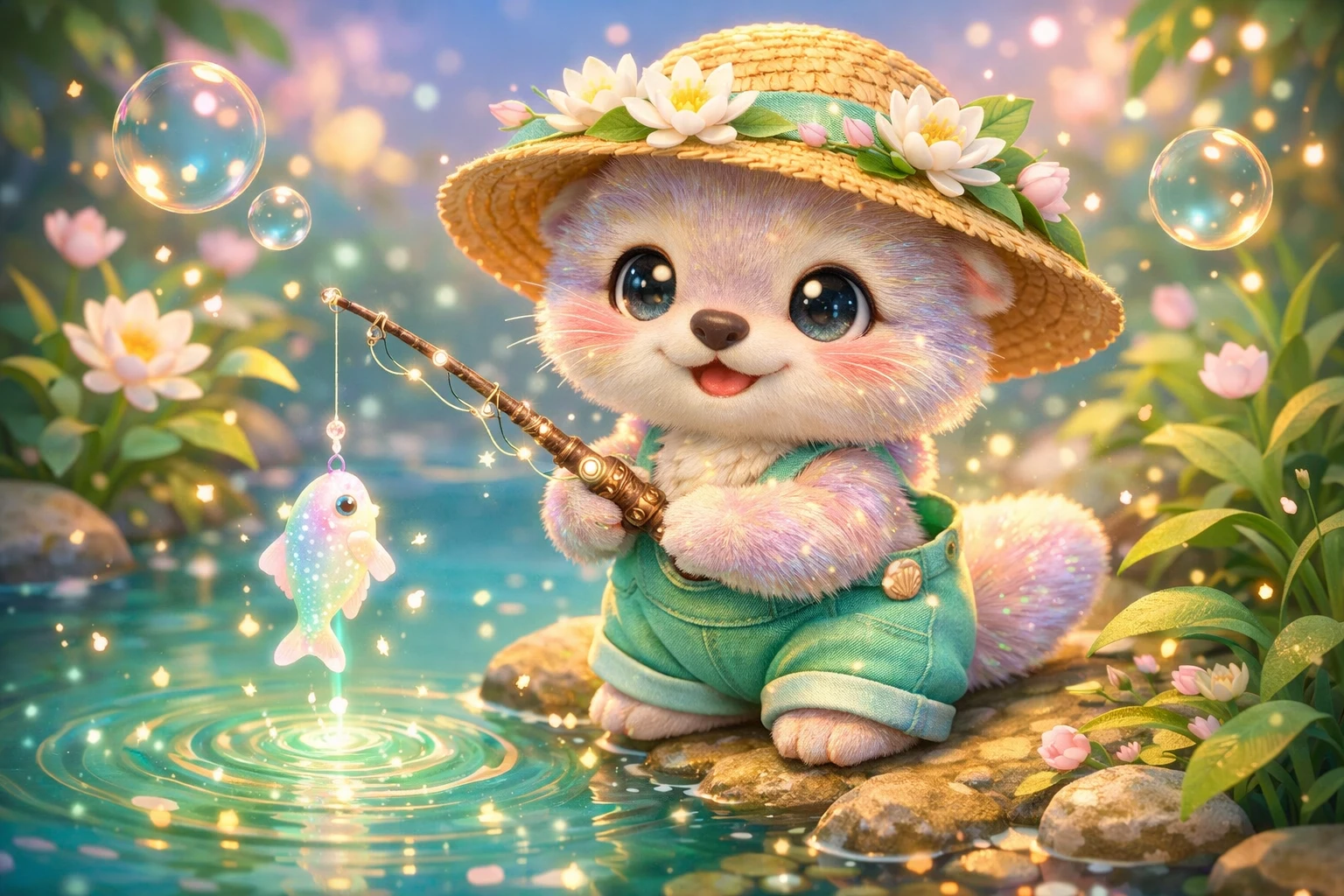 Dolce cucciolo di lontra che pesca accanto a uno stagno magico brillante