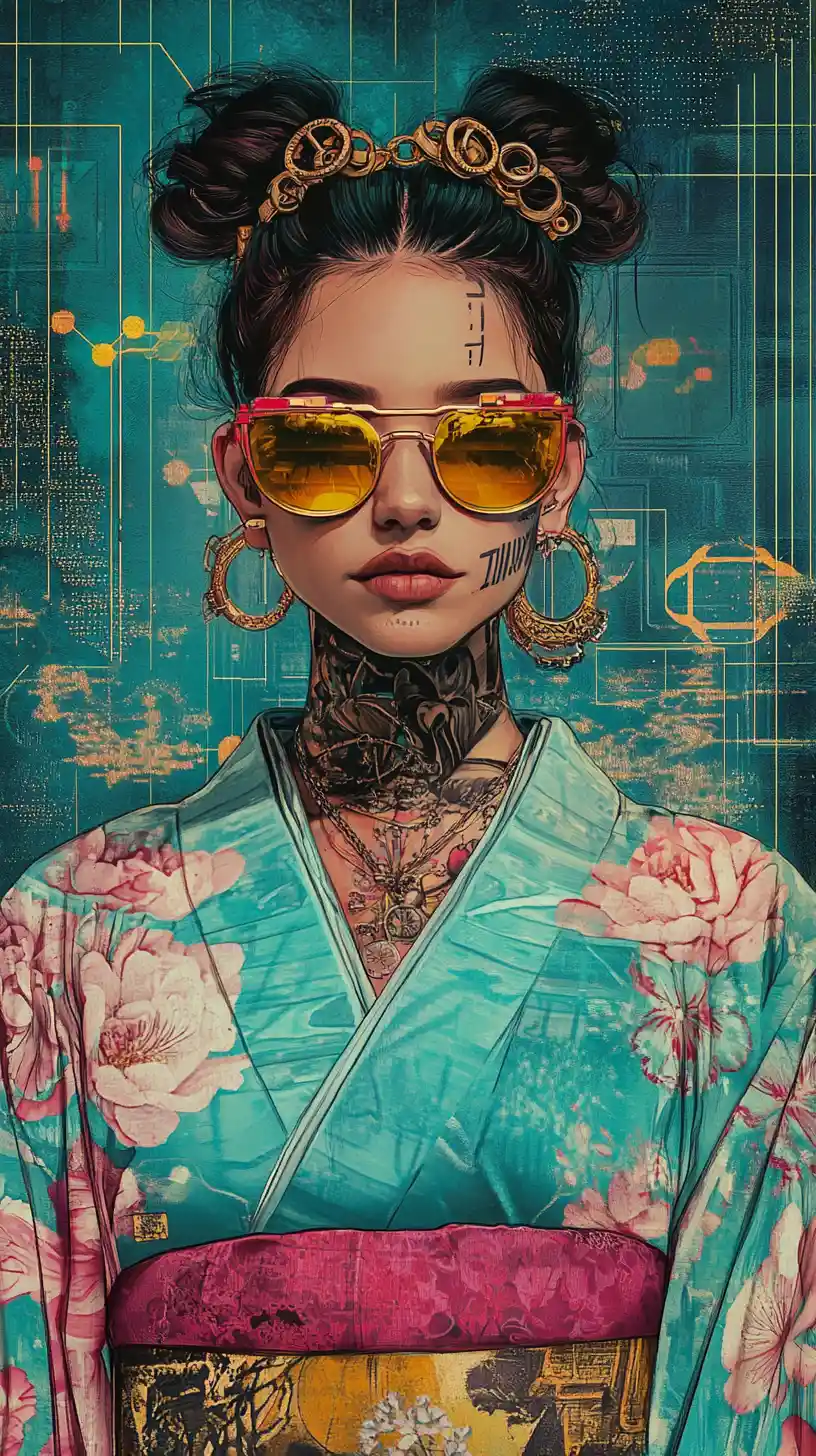 Cyberpunk woman in vibrant teal and pink kimono portrait