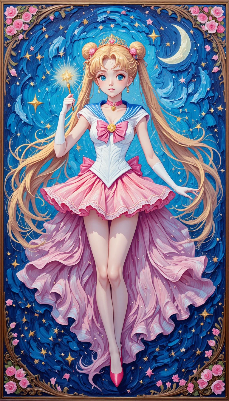 Anime magical girl posing before a swirling celestial sky