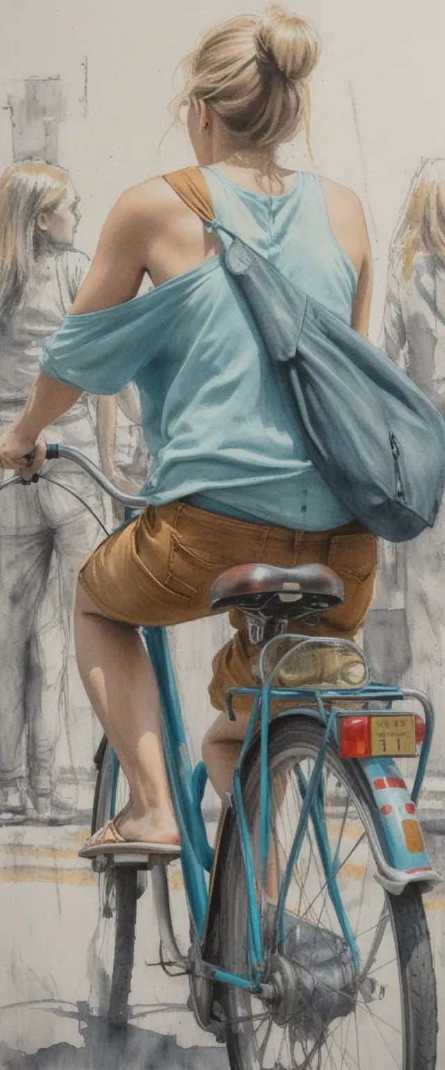 Blonde woman cycling in an urban street full body rear view